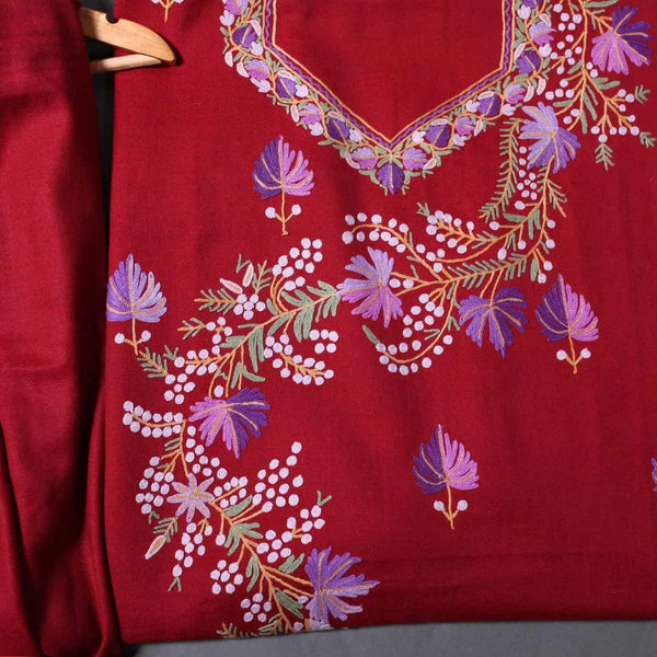 Maroon Base Aari Embroidered Unstitched Woolen Suit with Stole