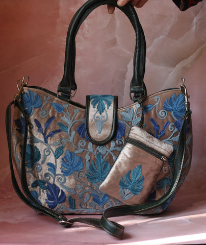 Grey Velvet Embroidered Hand Bag