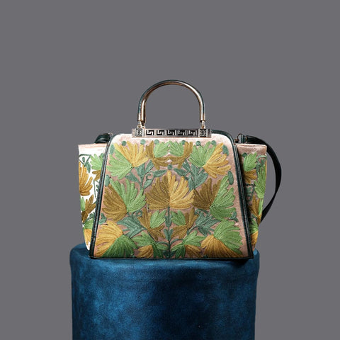 Olive Green Chinar Design Aari Embroidered Hand Bag