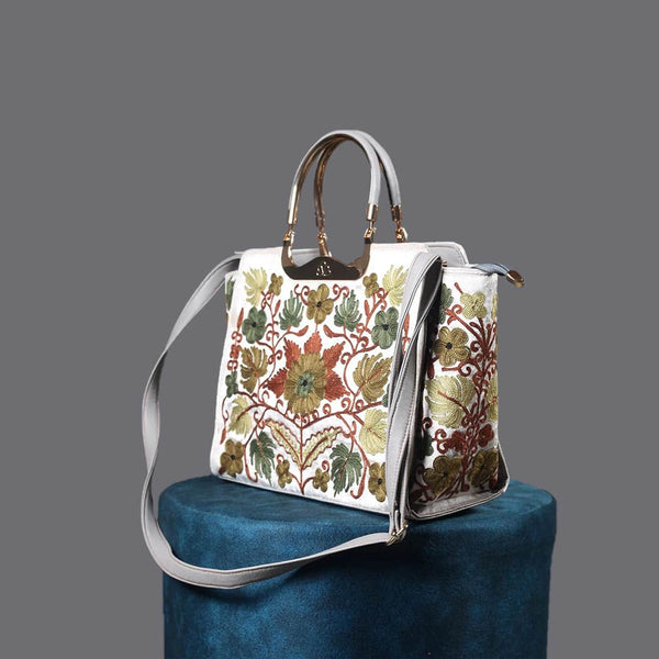 Floral Design Aari Embroidered White Hand Bag