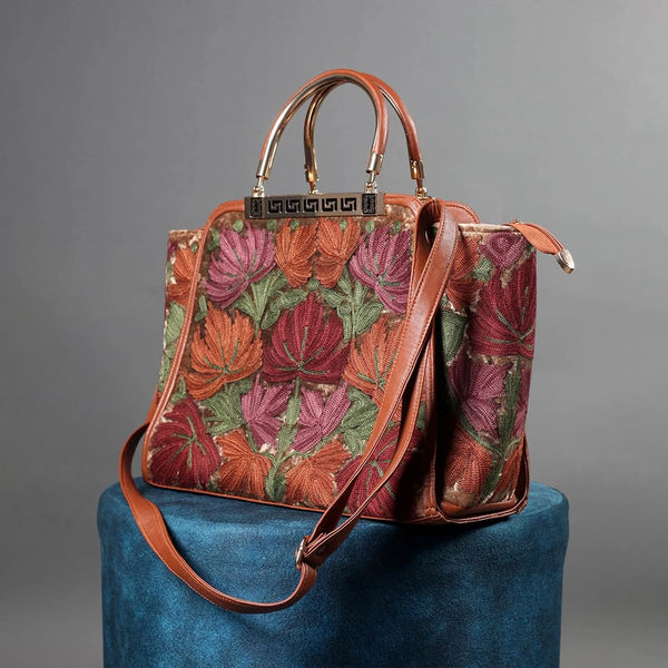 Multi Color Chinar Aari Embroidered Brown Hand Bag