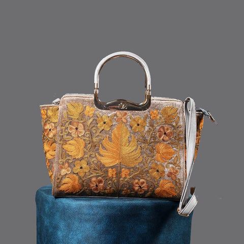 Golden Chinar Aari Embroidered Grey Hand Bag