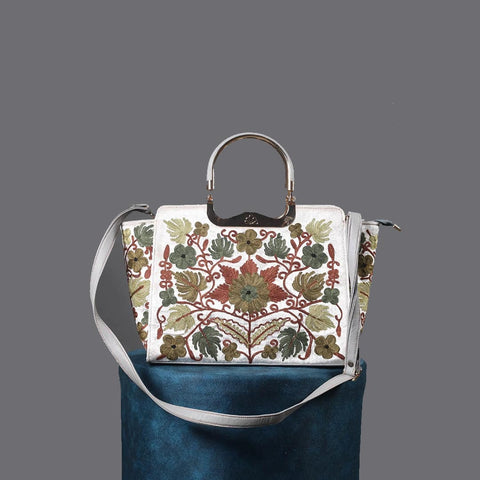 Floral Design Aari Embroidered White Hand Bag