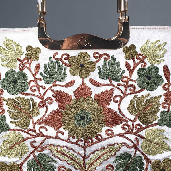 Floral Design Aari Embroidered White Hand Bag