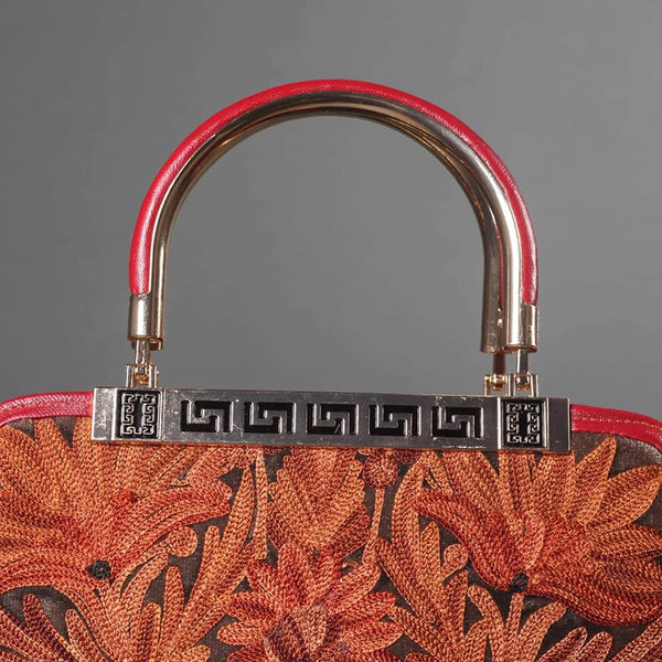 Red and Brown Poshkaar Aari Embroidered Hand Bag