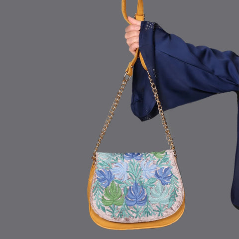 Yellow and Silver Chinar Aari Embroidered Full Flap Sling Bag