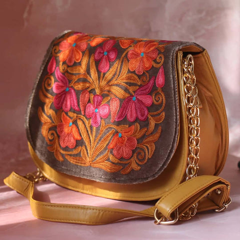 Yellow and Pink Aari Embroidered Sling Bag