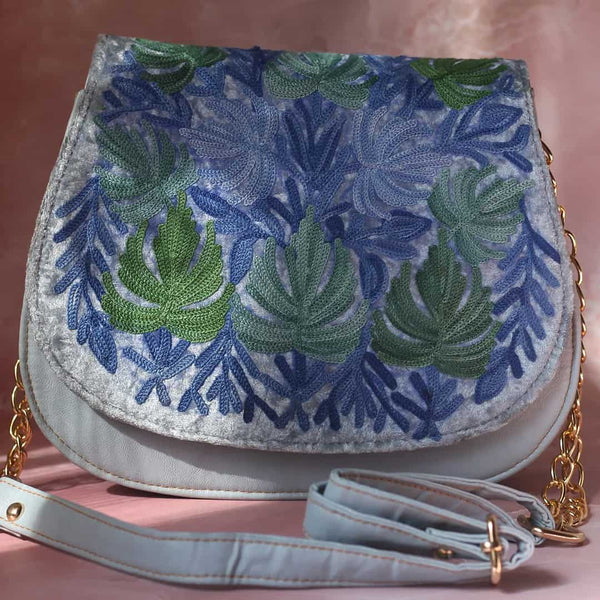 Sky Blue Aari Chinar Design Embroidered Full Flap Sling Bag