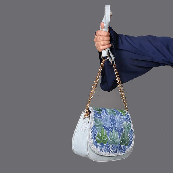 Sky Blue Aari Chinar Design Embroidered Full Flap Sling Bag