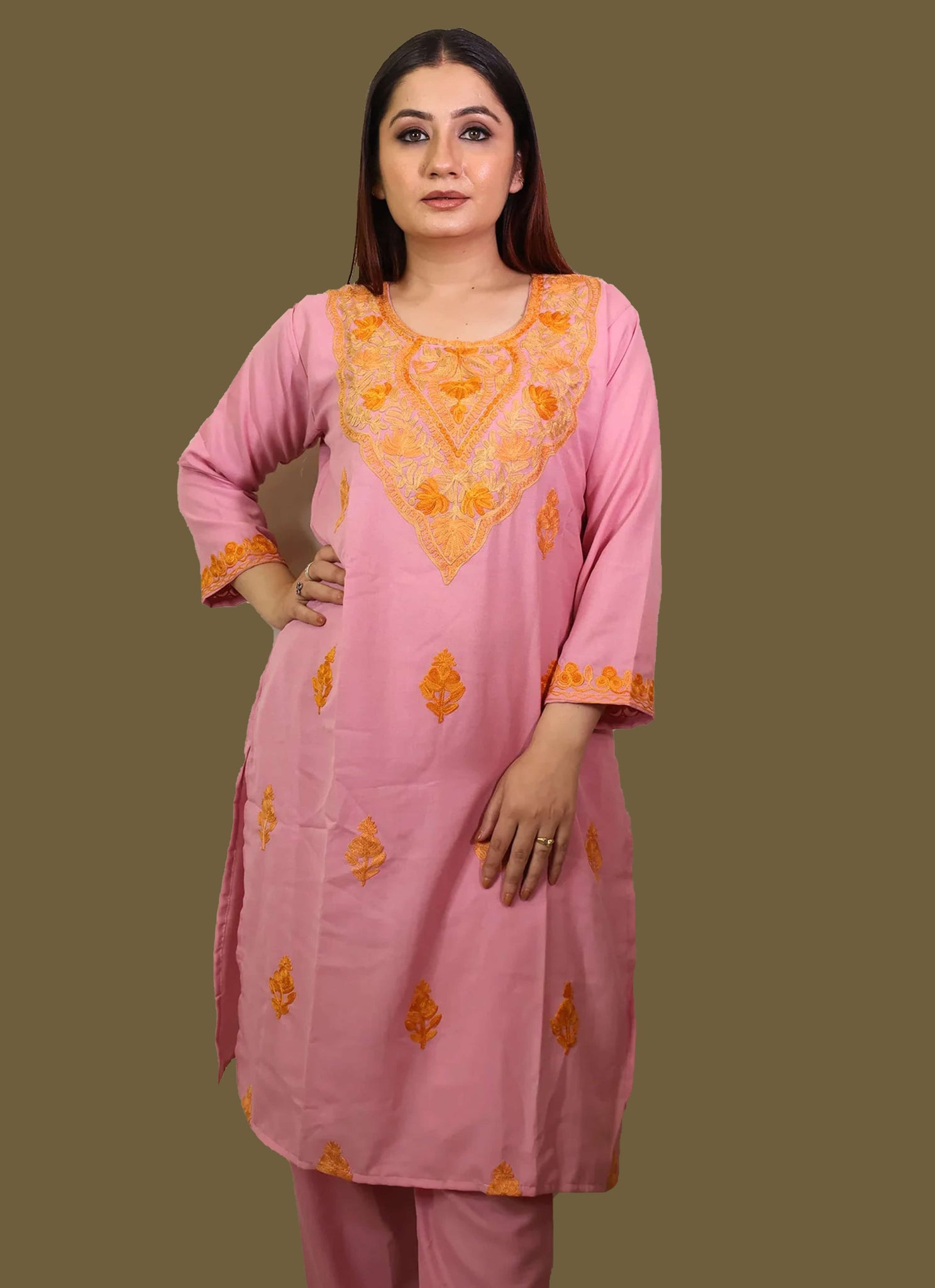 Rose Pink Aari Embriodered Butidaar Cord Set