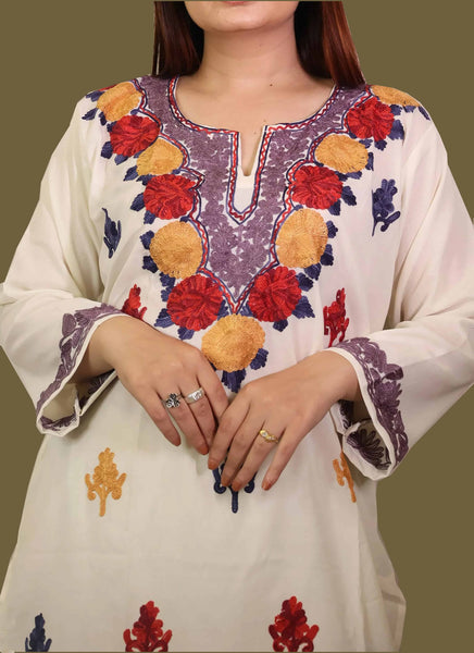 Creme Base Multi Colour Aari Embriodered Full Suit