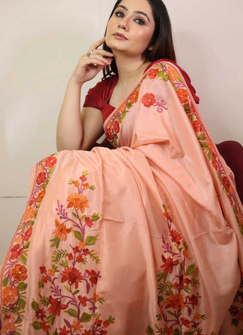 Peach Embroidered Crape Saree