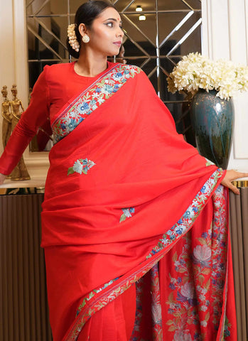 Posh Phulai Aari Embroidered Red Crape Saree