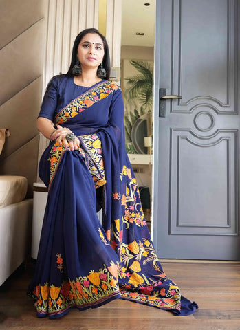 Tulip Design Aari Embroidered Blue Georgette Saree.