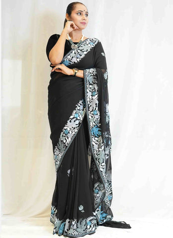 Chinar Aari Embroidered Black Georgette Saree