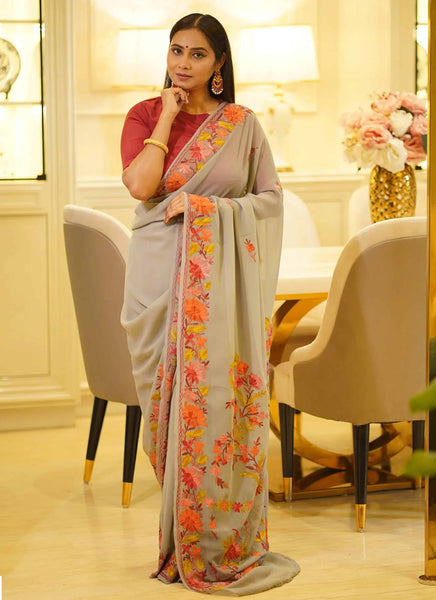 Floral Embroidered Dove Grey Georgette Saree