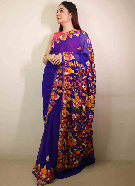 Blue Multicolour Aari Embroidered Georgette Saree