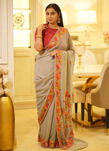 Floral Embroidered Dove Grey Georgette Saree