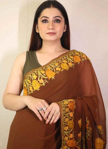 Tulip Design Embroidered Brown Georgette Saree