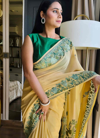 Green Tulips Aari Embroidered yellow Georgette Saree