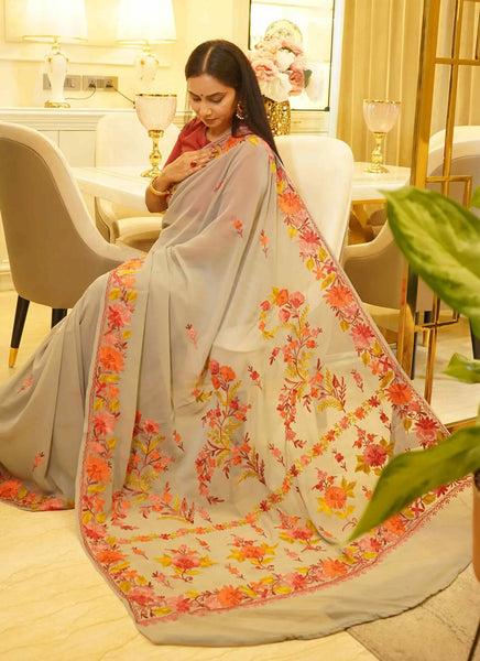 Floral Embroidered Dove Grey Georgette Saree