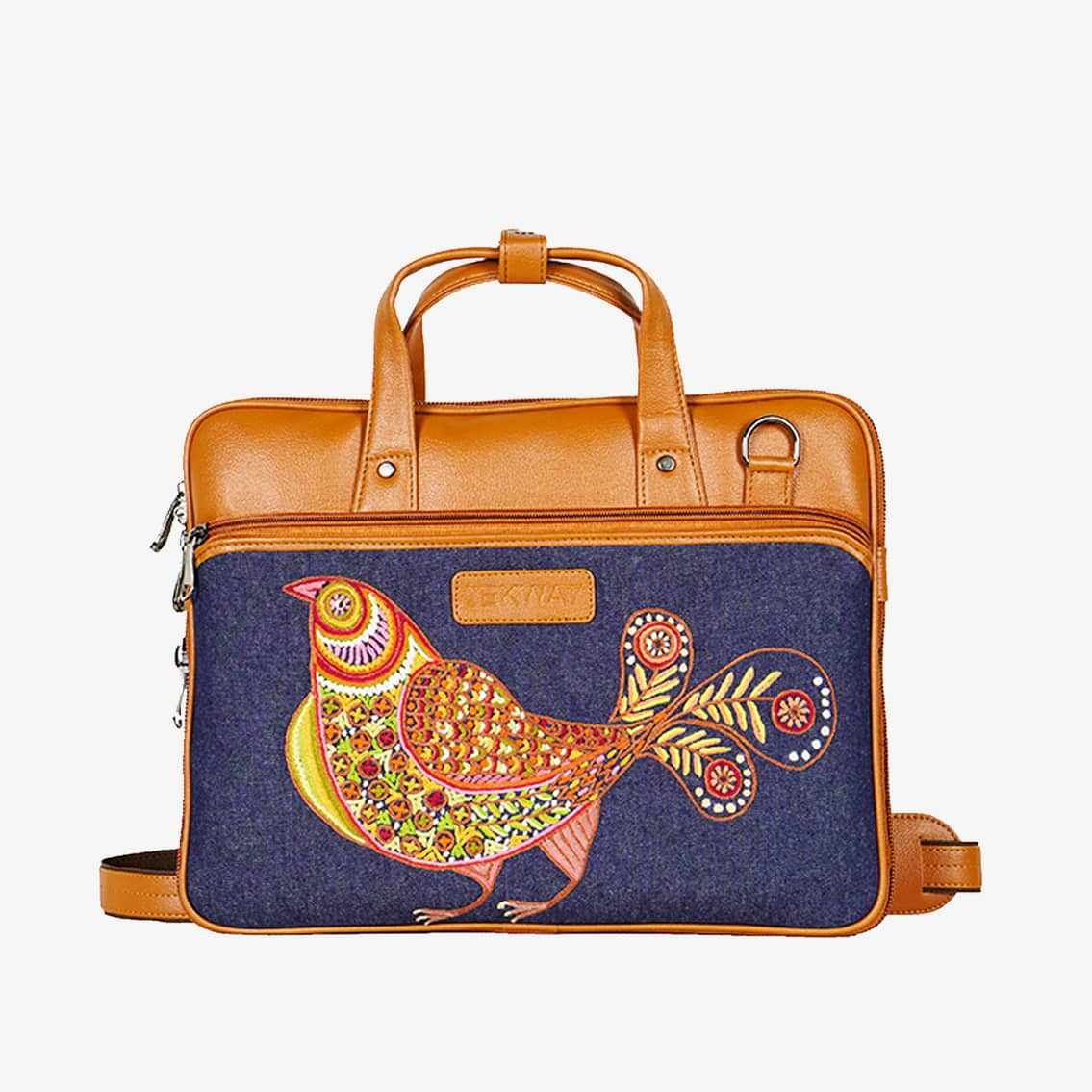 Multicolored Bird Embroidered Tan Base Premium Laptop Bag